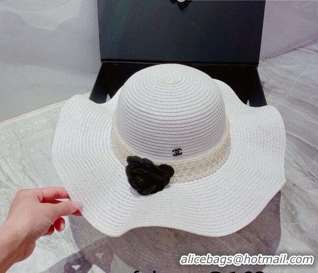 Affordable Price Chanel Straw Wide Brim Hat with Pearl and Camellia CH2419 White 2022