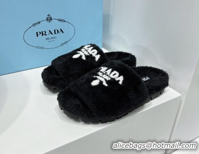 Top Design Prada Terry Cloth Flat Slide Sandals 909126 Black