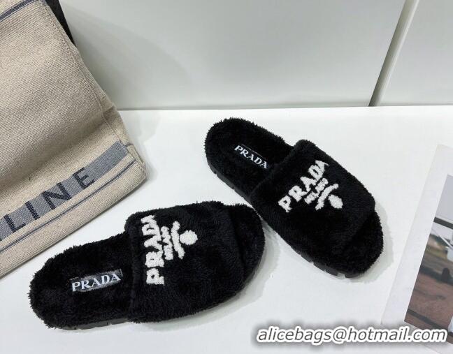 Top Design Prada Terry Cloth Flat Slide Sandals 909126 Black