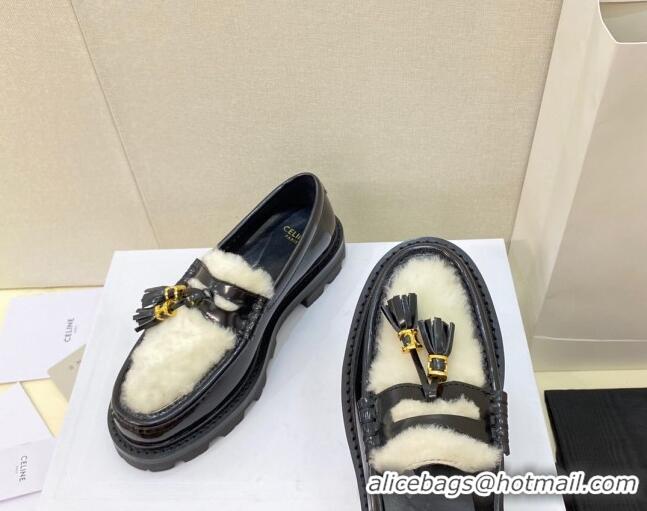 Stylish Celine Leather and Shearling Loafers with Tassel Black 100964