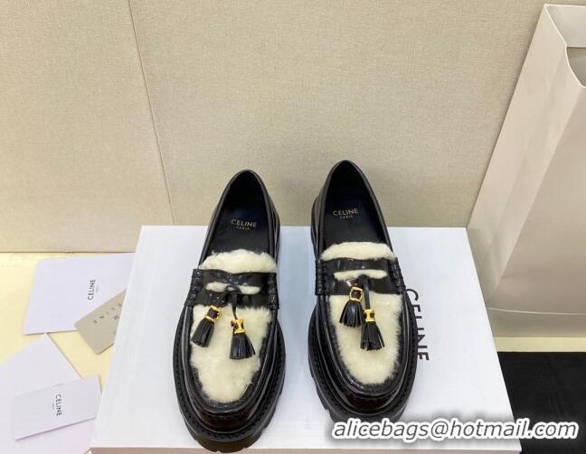 Stylish Celine Leather and Shearling Loafers with Tassel Black 100964