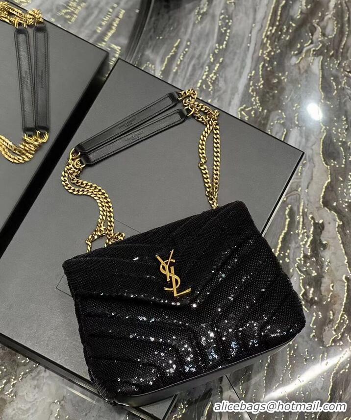 New Design SAINT LAURENT LOULOU SMALL CHAIN BAG IN QUILTED Y LEATHER SATIN AND SEQUINS 494699 black