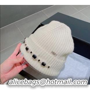 Good Quality Miu Miu Knit Hat with Pearl and Stone Charm M22620 White 2022