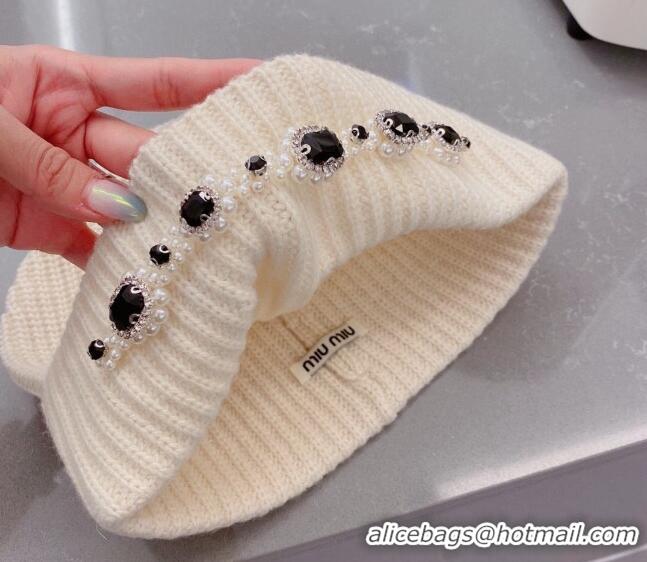 Good Quality Miu Miu Knit Hat with Pearl and Stone Charm M22620 White 2022