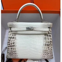 Top Grade Hermes Kelly 25CM Original South African Nile Crocodile Leather Bag KL25 White&Gray