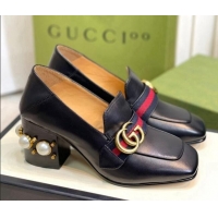 Durable Gucci Leather GG Pumps with Pearl Heel 6cm Black 081028