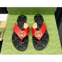 Grade Quality Gucci Leather Flat Thong Sandals with Interlocking G Red 091250