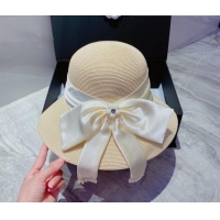 Top Design Chanel Straw Bucket Hat with Silk Bow CH3136 Beige/White 2022