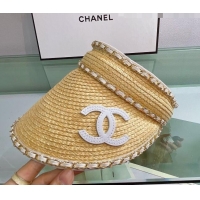 Buy Fashionable Chanel Straw Visor Hat 053181 Beige/White 2022
