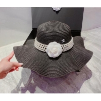 Shop Discount Chanel Straw Wide Brim Hat with Pearl and Camellia CH2416 Black 2022