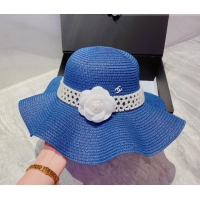 Buy Inexpensive Chanel Straw Wide Brim Hat with Pearl and Camellia CH2416 Blue 2022