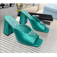 Good Quality Prada Logo Silk High Heel Slide Sandals 8.5cm Green 082674