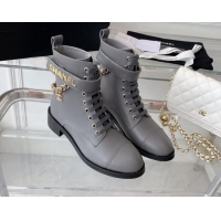 Fashion Chanel Calfskin Ankle Boots with Chain Gray 082507