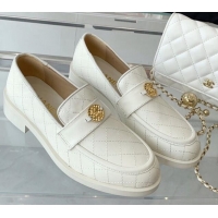 Stylish Chanel Quilted Calfskin Loafers with Coin Charm White 092131