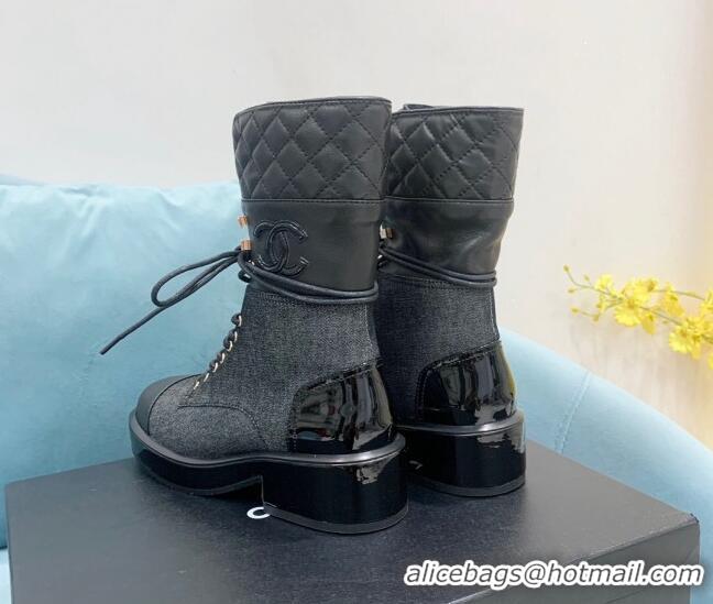 Discount Chanel Quilted and Denim Lace-ups Ankle Boots G39506 Black