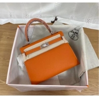 Inexpensive Hermes Kelly 25cm Shoulder Bags Epsom KL2755 orange&silver-Tone Metal