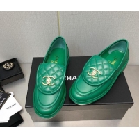 Discount Chanel Lambskin Loafers with CC Foldover Green 103118