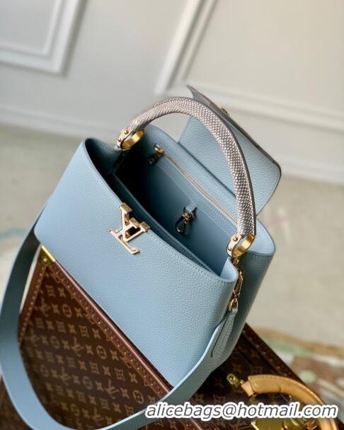 Promotional Louis Vuitton Capucines MM Bag in Taurillon Calfskin with Exotic Karung Leather M21166 Blue 2023