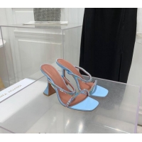 ​Well Crafted Amina Muaddi Gilda Patent Leather High Heel Slides Sandal 9.5cm with Crystal AM2614 Light Blue 2022