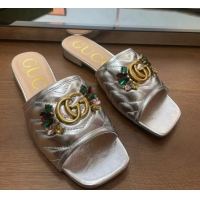 Good Quality Gucci Calfskin Flat Slide Sandals with Crystal Charm Silver 122370
