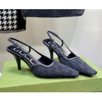 Top Design Gucci Fabric Medium Heel Slingback Pumps with Crystal GG 7.5cm Black 122917