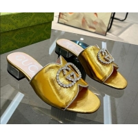 Best Grade Gucci Metallic Leather Heel Slide Sandals 2cm with Crystal Interlocking G Gold 209101