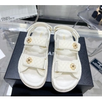 Grade Quality Chanel Tweed Strap Flat Sandals with Pearl Bloom G35927 White 012937