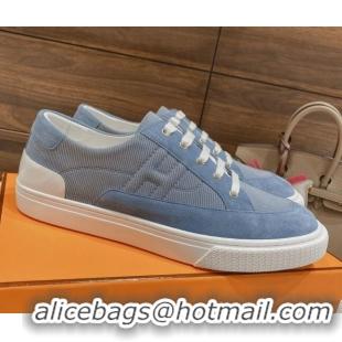 Stylish Hermes Deep Sneakers Ribbed Fabric and Suede Blue 110441