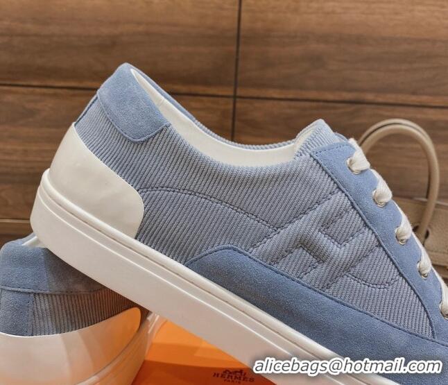 Stylish Hermes Deep Sneakers Ribbed Fabric and Suede Blue 110441