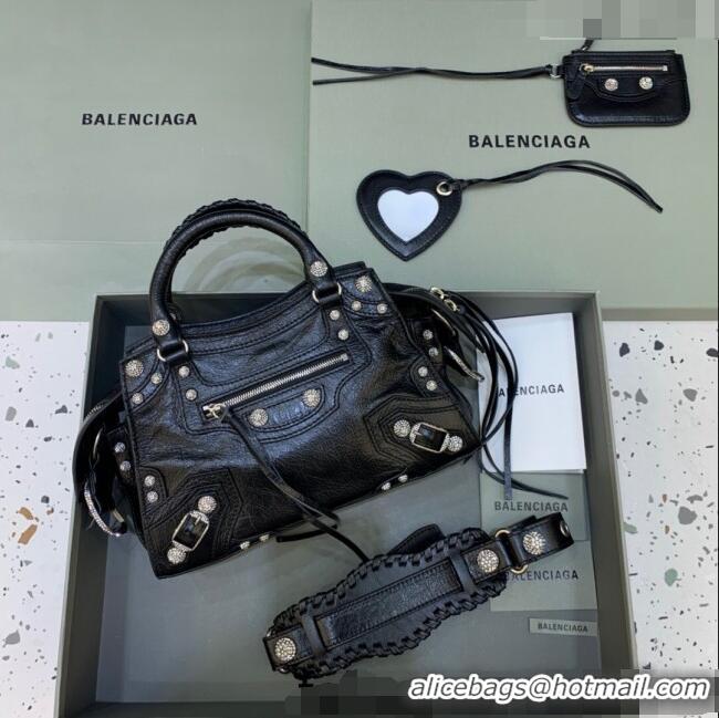 Discount Balenciaga Neo Cagole XS Lambskin Top Handle Bag with Crystal BA1570 Black 2022