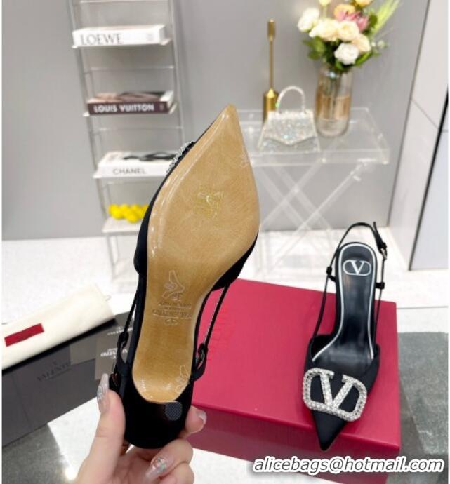 Charming Valentino Crystal VLogo Silk Slingback Pumps 7.5cm Black/Silver 101217