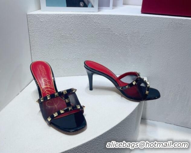 Good Looking Valentino Roman Stud Patent Leather and Mesh Heel Slide Sandals 8cm Black/Gold 112913