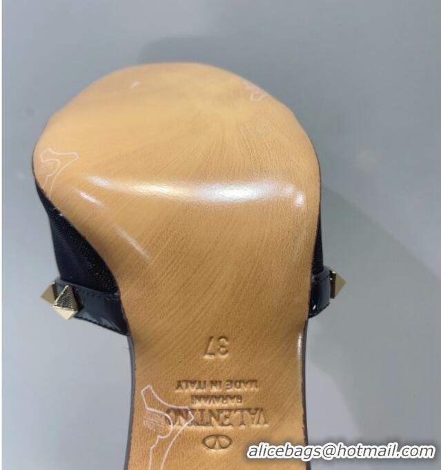 Good Looking Valentino Roman Stud Patent Leather and Mesh Heel Slide Sandals 8cm Black/Gold 112913