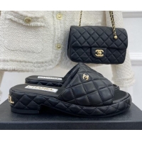 Popular Style Chanel Quilted Lambskin Slide Sandals 3cm Black 020760