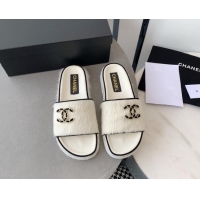 Shop Duplicate Chanel Horse Hair Flat Slide Sandals with Stone CC White 022288
