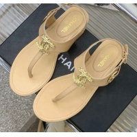 Stylish Chanel Calfskin Flat Thong Sandals G36140 Beige 030261