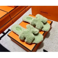 Popular Style Hermes Oran Shearling Wool Flat Slide Sandals Green 092188