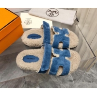 Sophisticated Hermes Chypre Shearling and Suede Flat Sandals Blue 092195