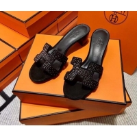 Low Price Hermes Classic Crystal Suede Medium Heel Slide Sandals 4.5cm Black/Silver 101110