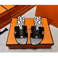 Durable Hermes Classic Smooth Calfskin Flat Slide Sandals Black/White 2110210