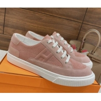 Stylish Hermes Deep Sneakers Ribbed Fabric and Suede Pink 110437