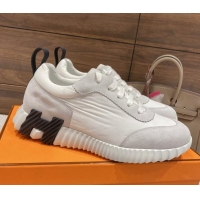 Stylish Hermes Bouncing Sneakers in Parachute Fabric and Suede White 2110452