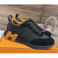 Hot Style Hermes Bouncing Sneakers in Parachute Fabric and Suede Black/Yellow 110453