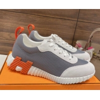 Charming Hermes Bouncing Sneakers in Knit Fabric and Suede Grey/Orange 110467