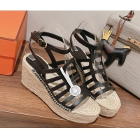 Luxury Hermes Camelia Leather Wedge Sandals 8.5cm Black 022373