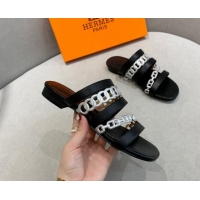 Most Popular Hermes Chain Calfskin Flat Slide Sandals with Studs Black/Silver 022390