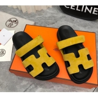 Discount Hermes Chypre Flat Sandals in Suede Yellow/Black 223107