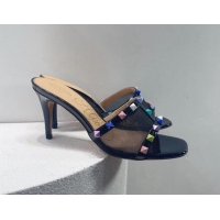 Good Product Valentino Roman Stud Patent Leather and Mesh Heel Slide Sandals 8cm Black/Multicolor 112904