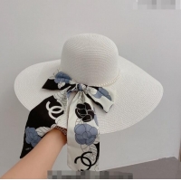 Buy New Cheap Chanel Straw Wide Brim Hat with Pearls Band C0307 White 2023