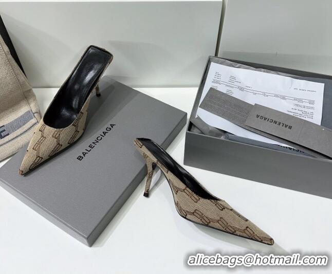 Sophisticated Balenciaga Square Knife BB Mules 8.5cm in Beige and Brown BB Monogram Jacquard 331045